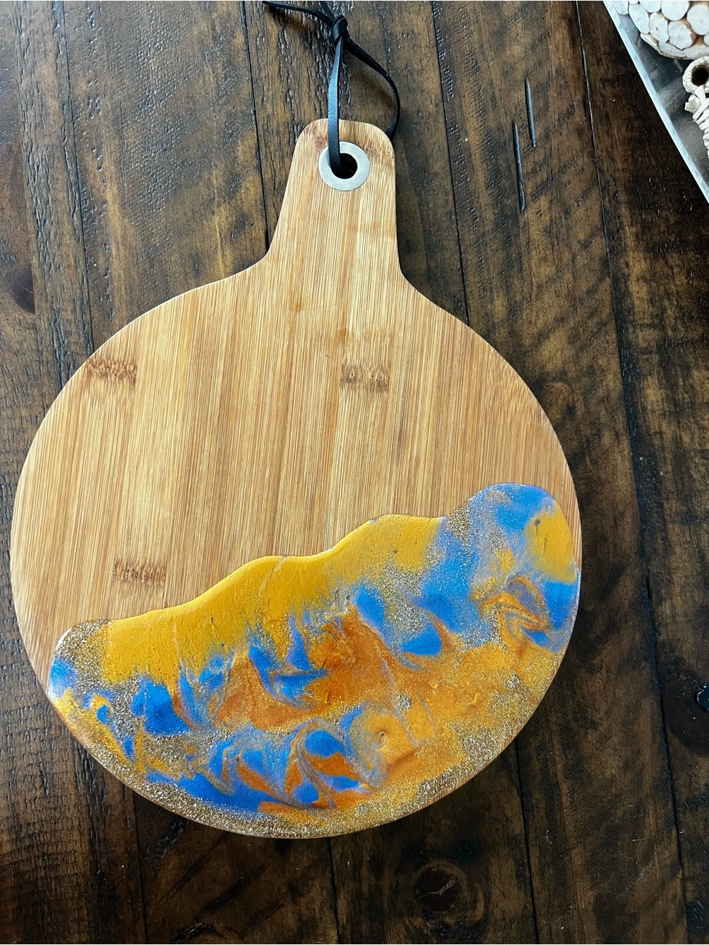 Handmade Bamboo Wall Art Board with Blue and Gold Resin Accent